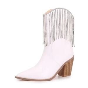 Berness‎ Cow Girl Boots Size 5.5 Pointed Toe Block Heel Rhinestone Fringe